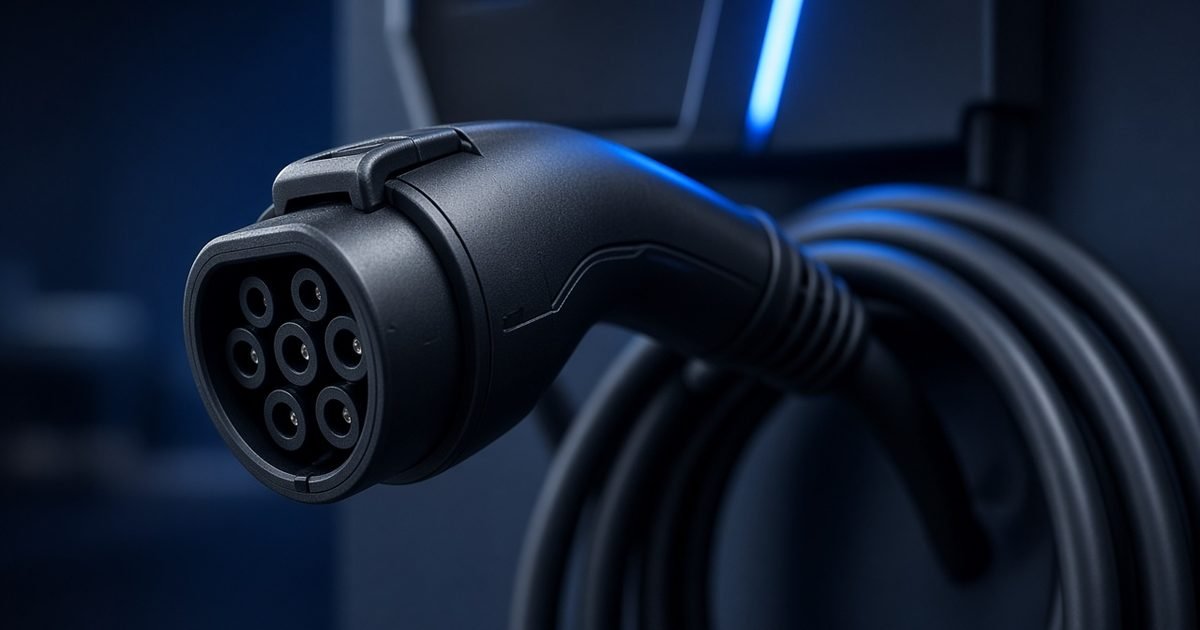 Close detail of the plug and coiled cable of an EV charge point, with one blue light on it