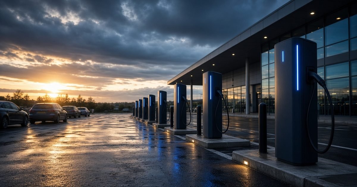 A wide view of a British retail car park with a row of EV charge points in warm light
