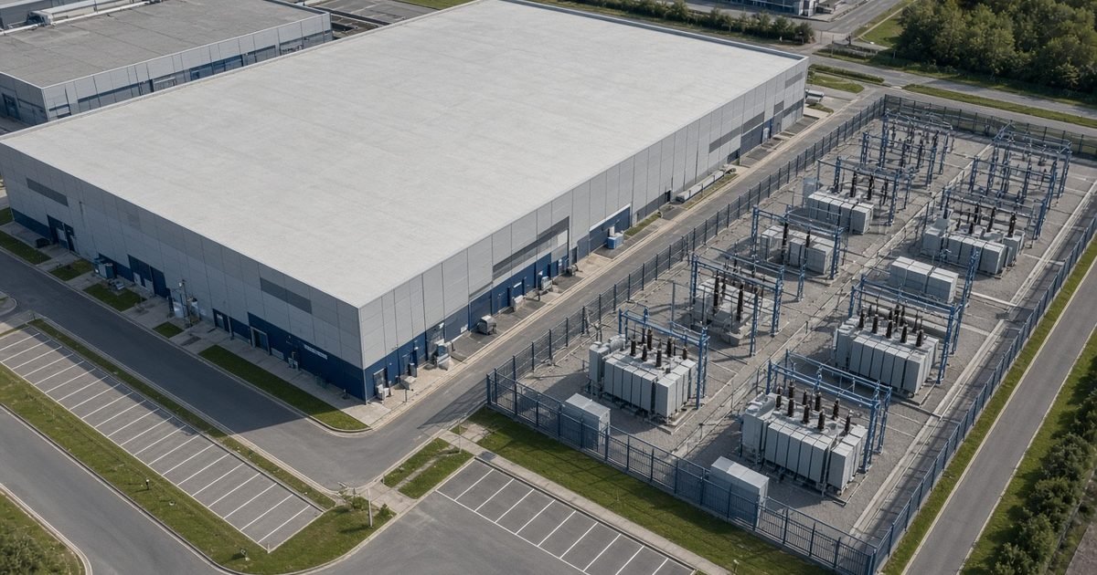 A business park with a large data centre building and its electrical substation, seen from high above in daylight
