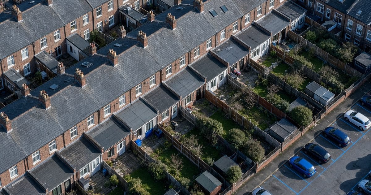 A terrace of British houses and their back gardens, seen from high above in daylight