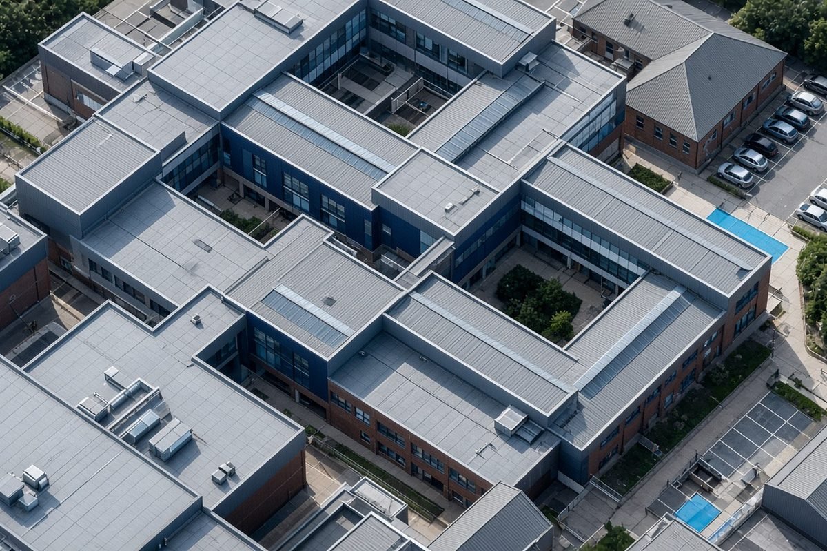 The roofs of a British school campus, seen from high above in daylight