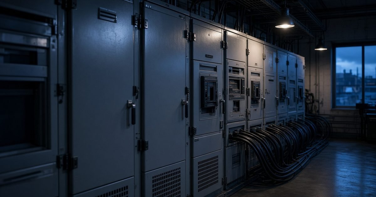 A commercial switch room with steel switchgear panels at night
