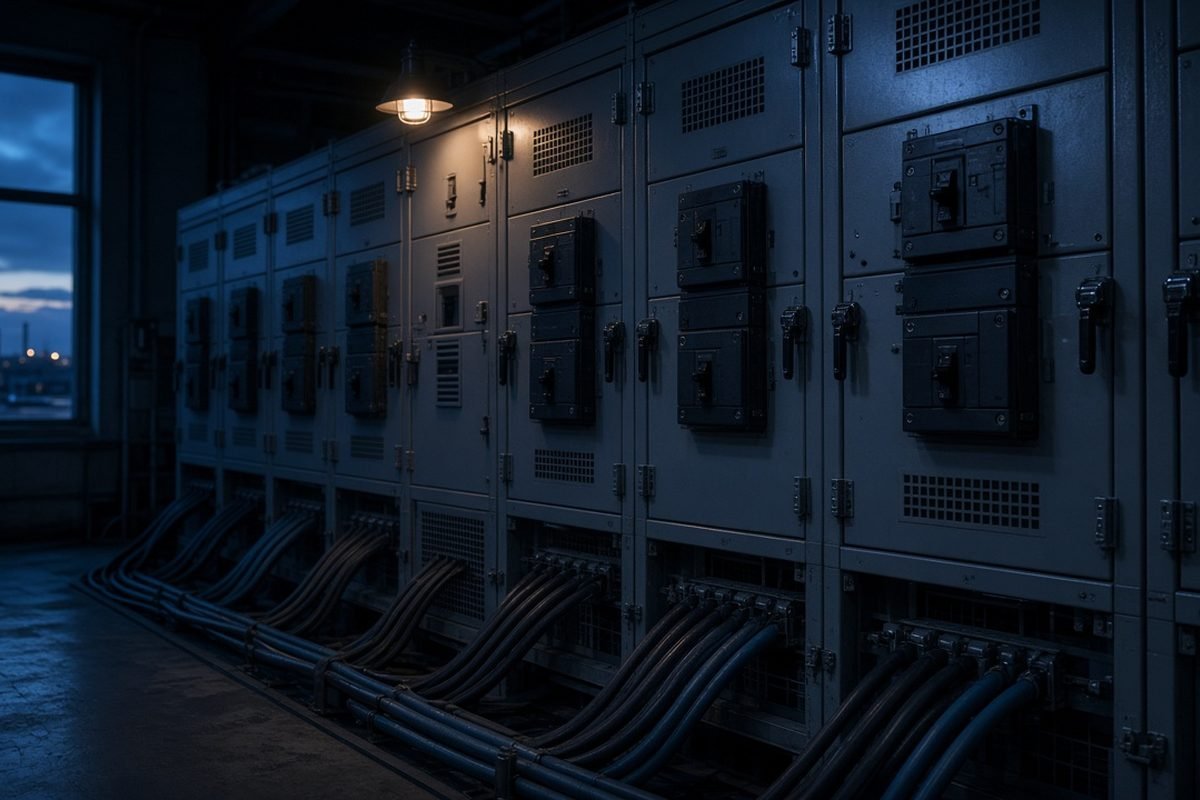 A commercial switch room with steel switchgear panels at night