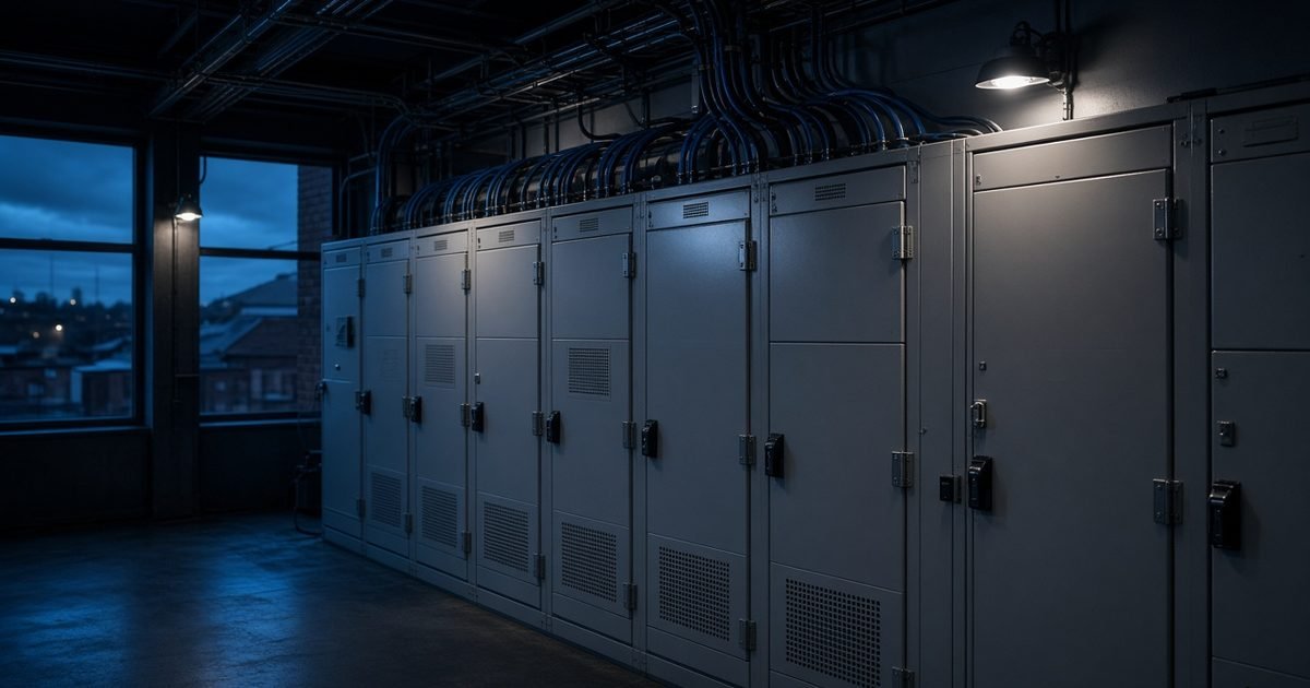 A commercial switch room with steel switchgear panels at night