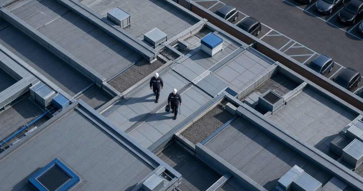Two electricians crossing a commercial roof, seen from high above in daylight