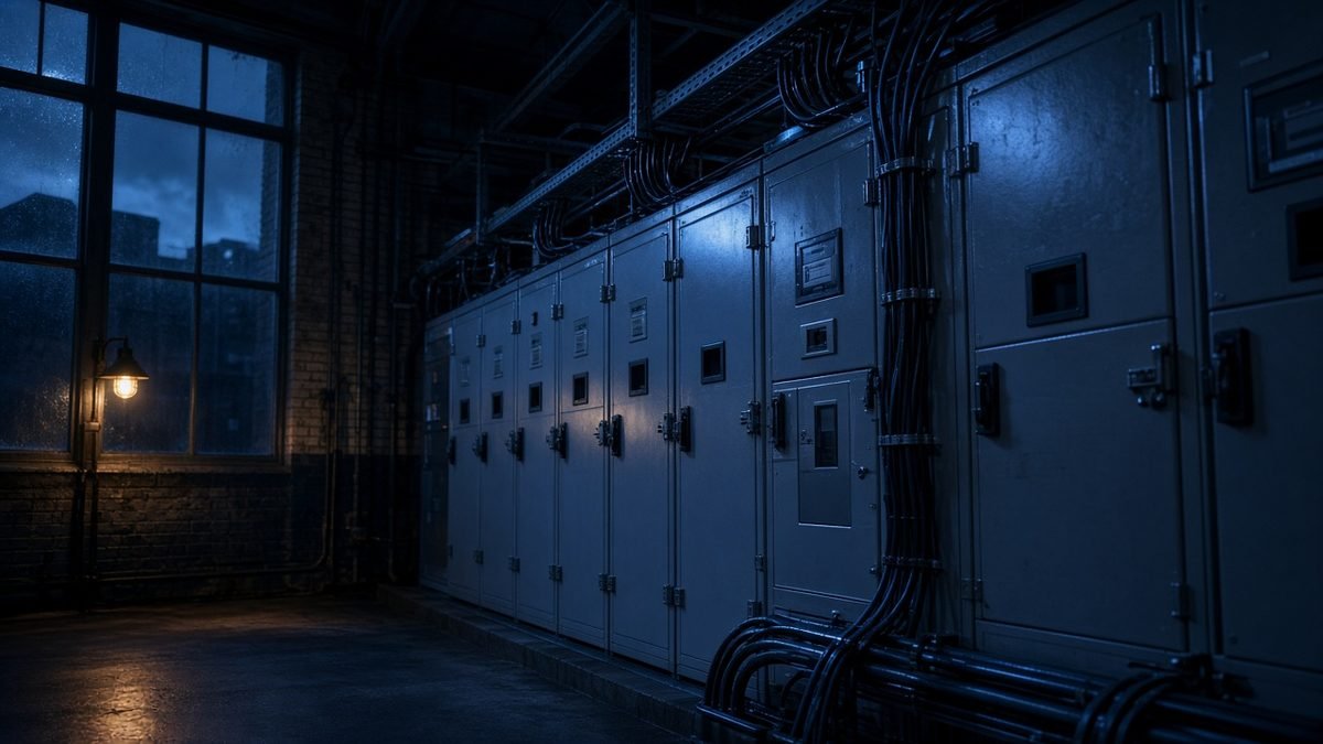 A commercial switch room with steel switchgear panels at night