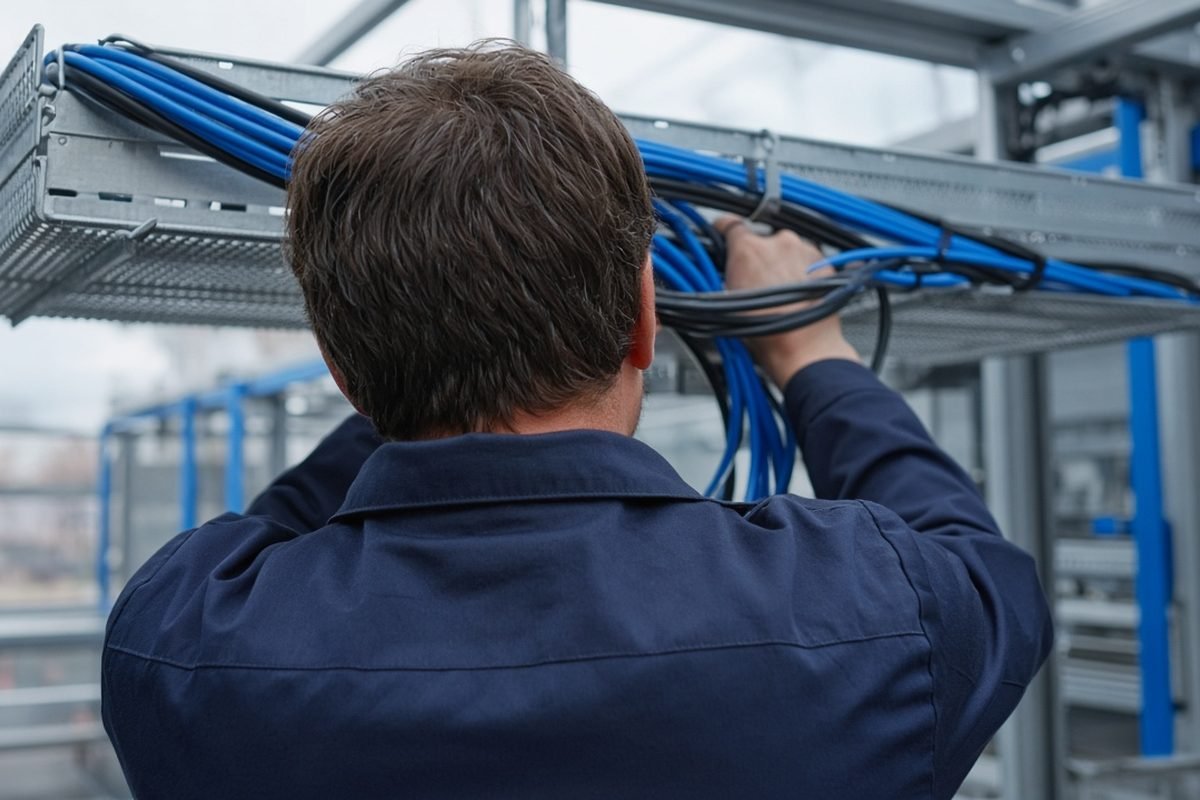 An electrician, seen from behind, working beside cable trays in a data centre in daylight