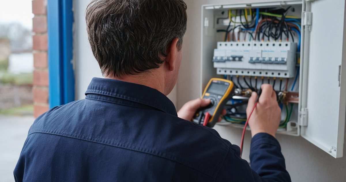 An electrician, seen from behind, working beside a consumer unit being tested in daylight