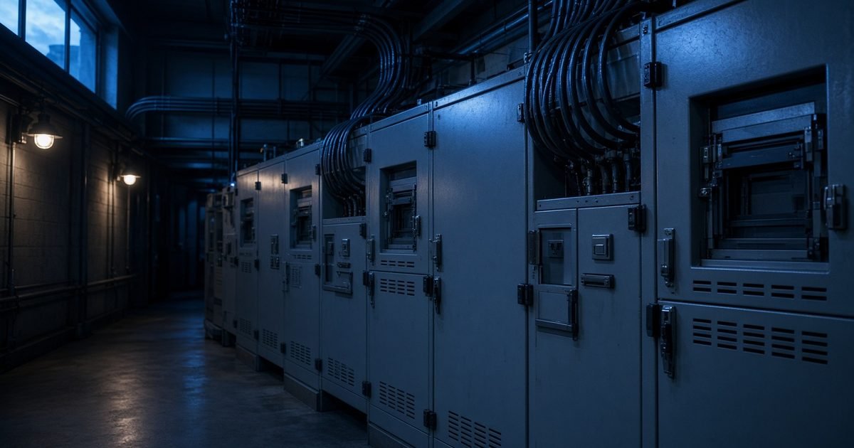 A commercial switch room with steel switchgear panels at night