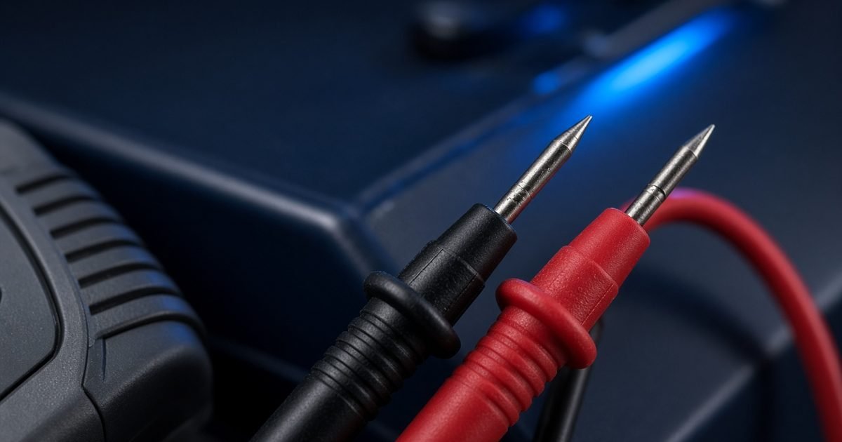 Close detail of the probes and red and black test leads of a hand-held electrical tester, with one blue light on it