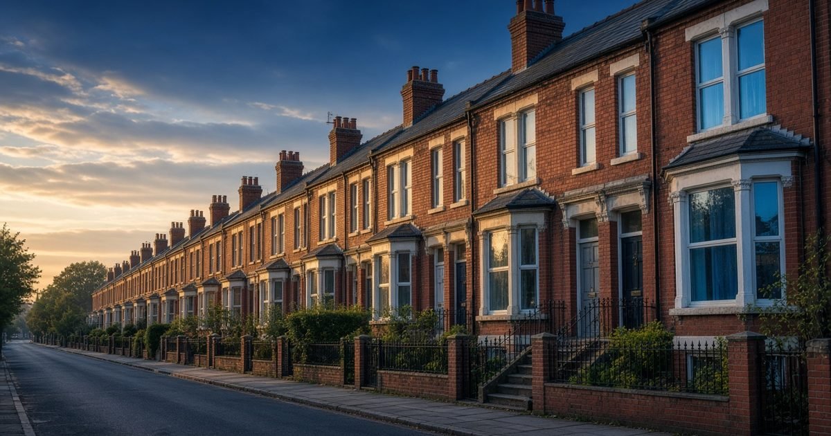 A wide view of a street of British terraced houses on a bright morning in warm light