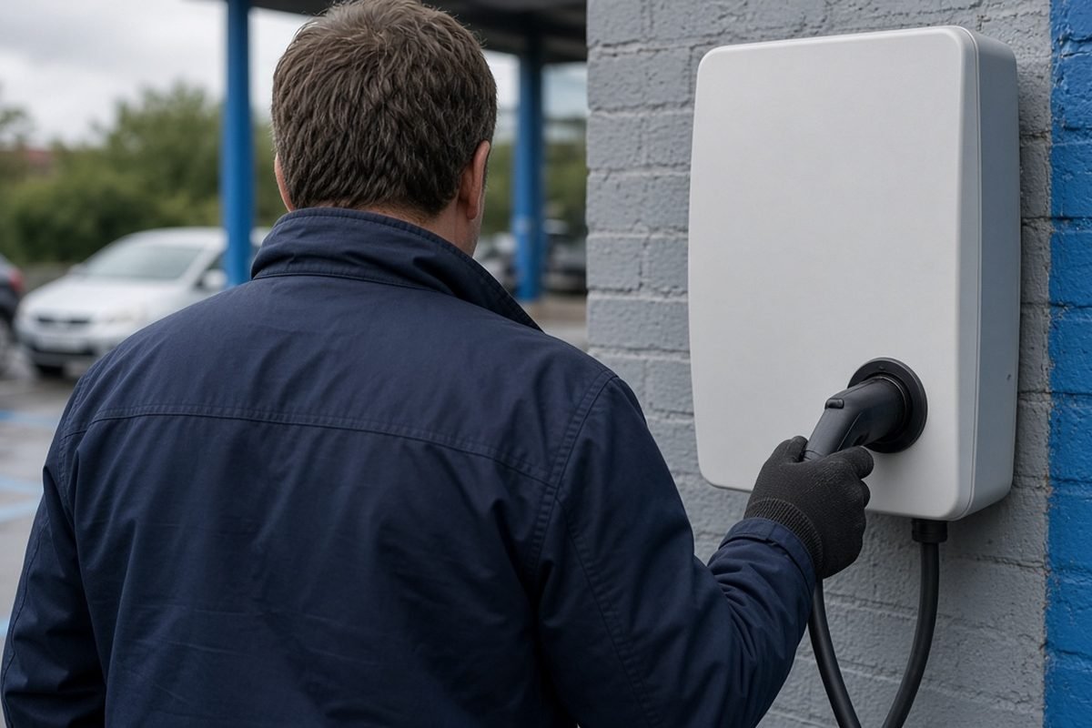 An electrician, seen from behind, working beside EV charge points in daylight