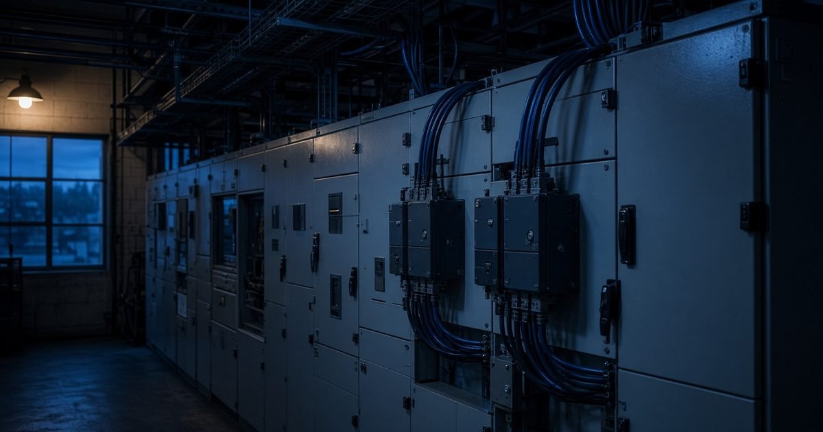 A commercial switch room with steel switchgear panels at night