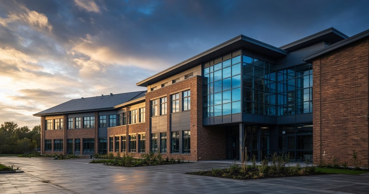 A wide view of a British school building on a bright day in warm light