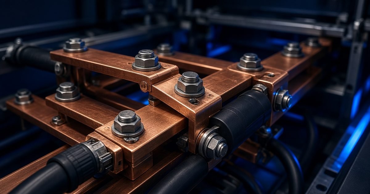 Close detail of the copper busbars and cable lugs inside a switchgear panel, with one blue light on it