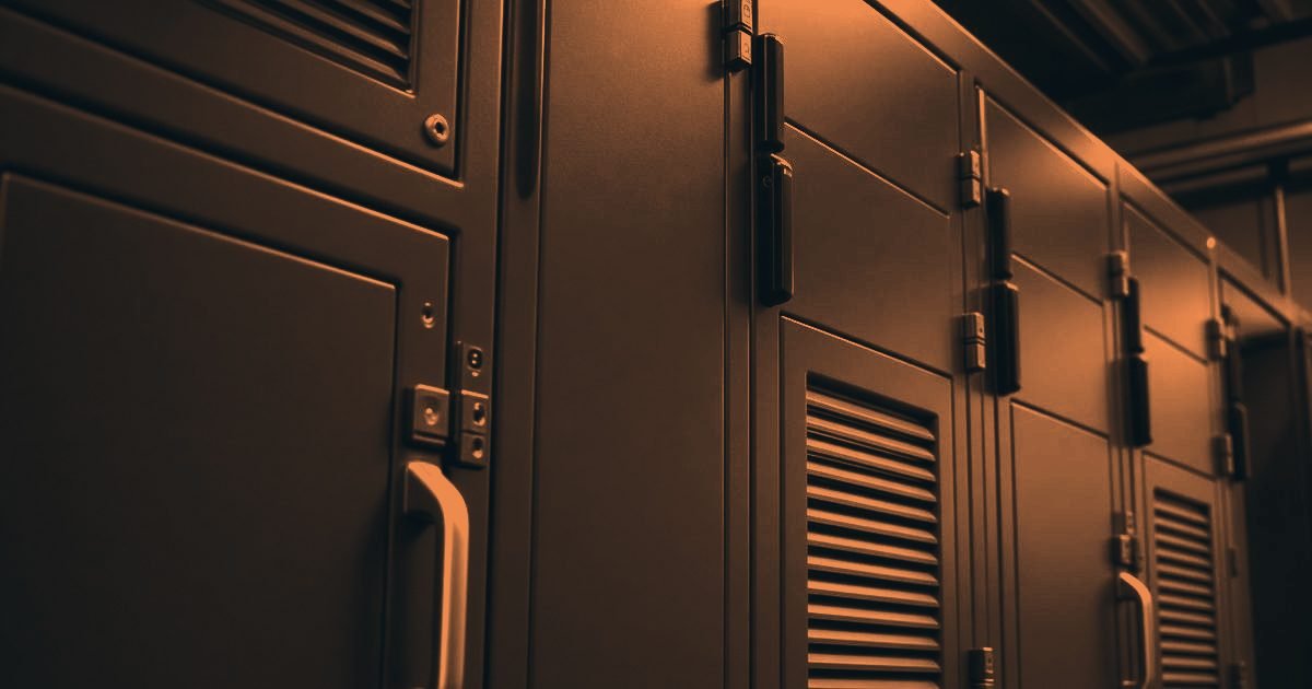 A commercial switch room with steel switchgear panels in a charcoal and orange duotone