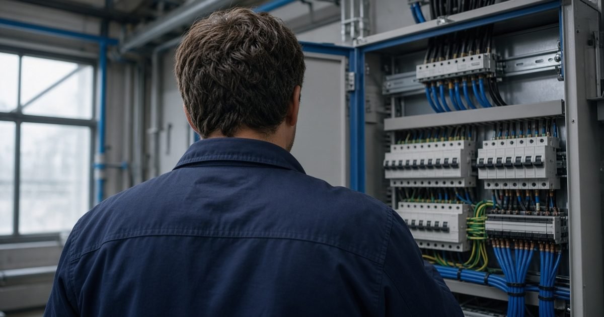 An electrician, seen from behind, working beside distribution boards in a plant room in daylight