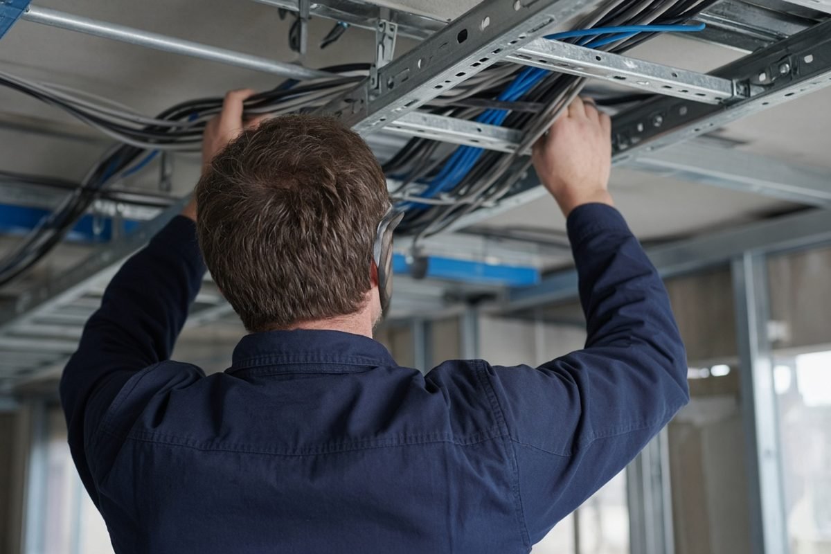 An electrician, seen from behind, pulling cable along a cable tray in a ceiling void in daylight