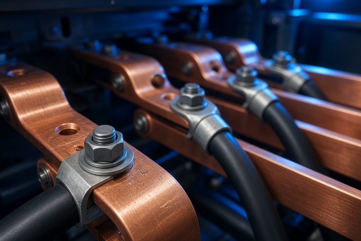 Close detail of the copper busbars and cable lugs inside a switchgear panel, with one blue light on it