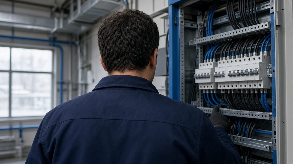 An electrician, seen from behind, working beside distribution boards in a plant room in daylight