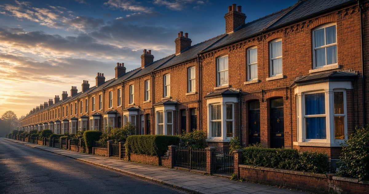 A wide view of a street of British terraced houses on a bright morning in warm light