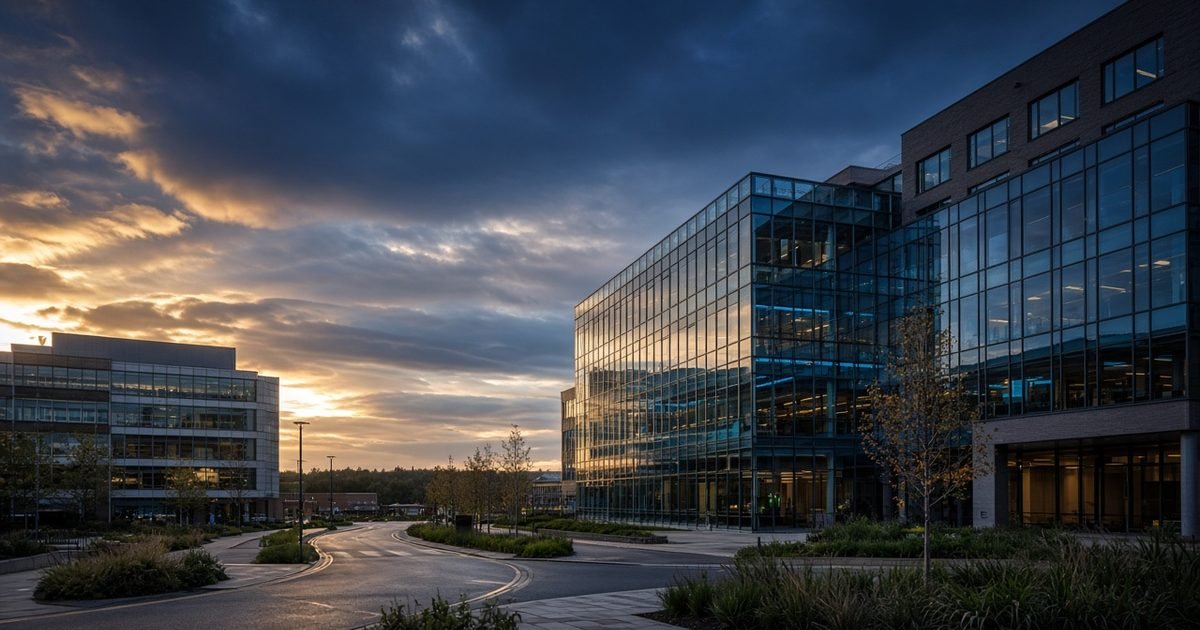 A wide view of a British business park with office buildings in the evening in warm light