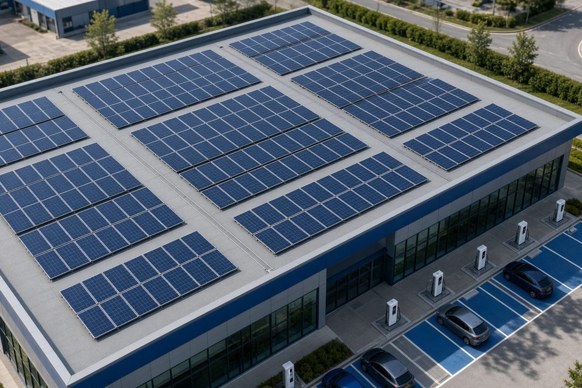 A modern office building with solar panels on its roof and EV charging bays, seen from high above in daylight