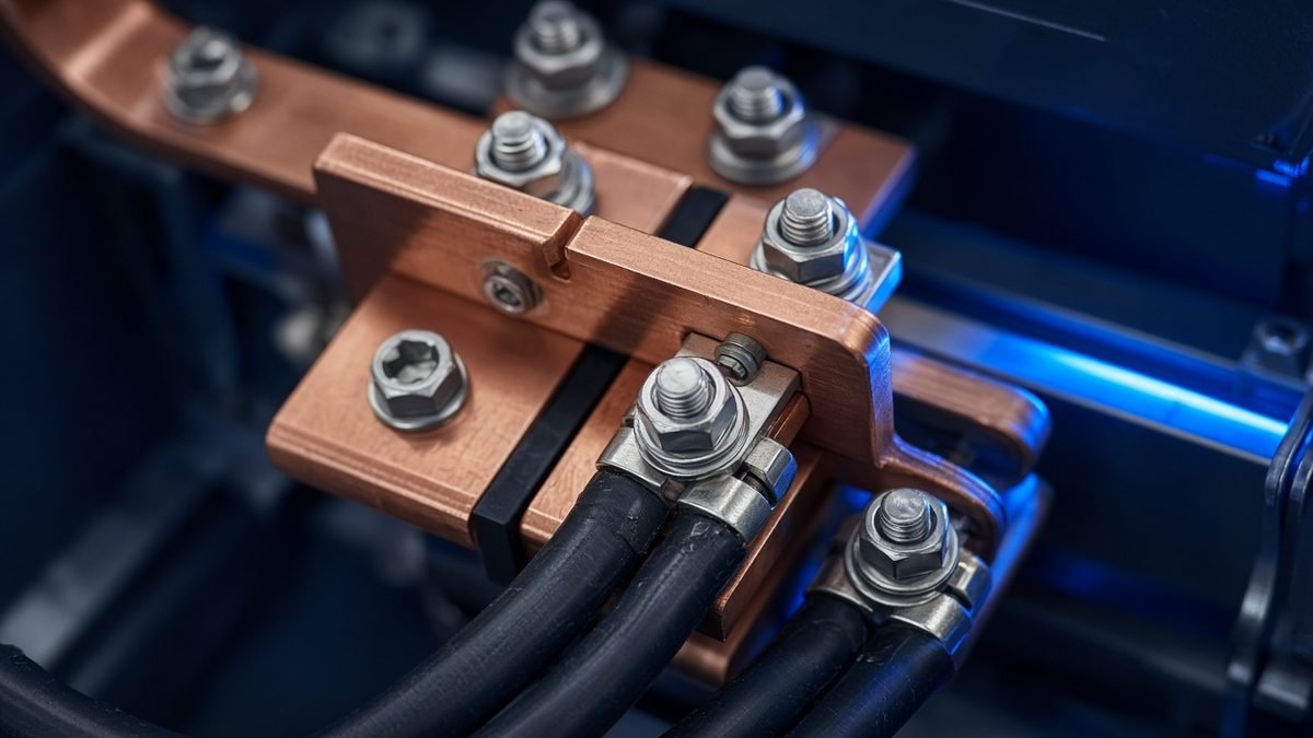 Close detail of the copper busbars and cable lugs inside a switchgear panel, with one blue light on it
