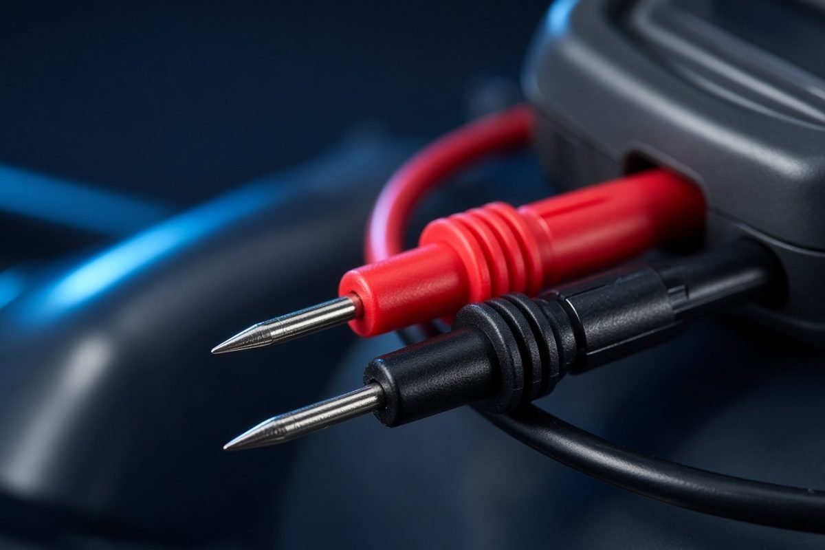 Close detail of the probes and red and black test leads of a hand-held electrical tester, with one blue light on it