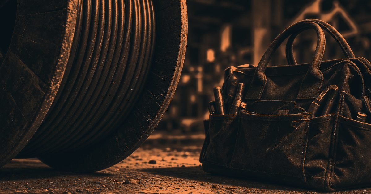 A drum of electrical cable and a canvas tool bag on the floor of a building site in a charcoal and orange duotone