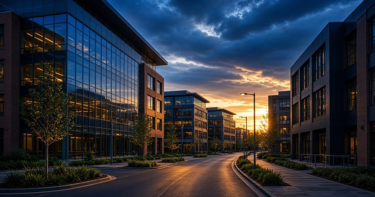 A wide view of a British business park with office buildings in the evening in warm light