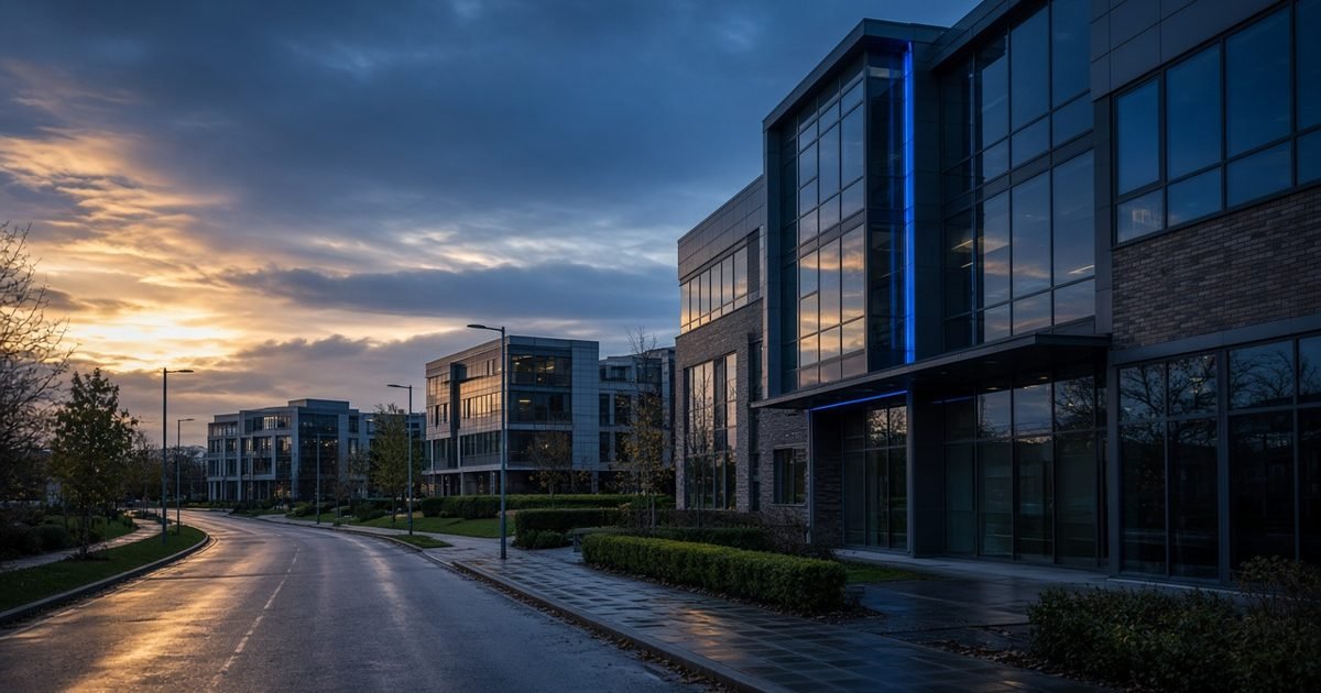 A wide view of a British business park with office buildings in the evening in warm light