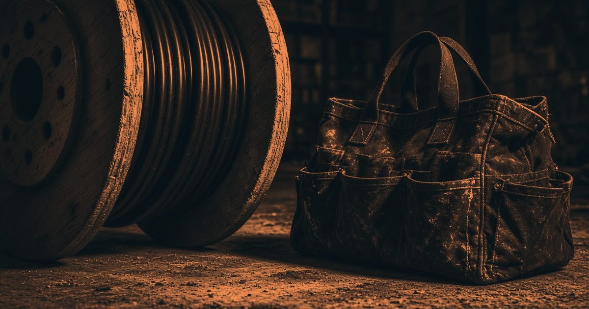 A drum of electrical cable and a canvas tool bag on the floor of a building site in a charcoal and orange duotone