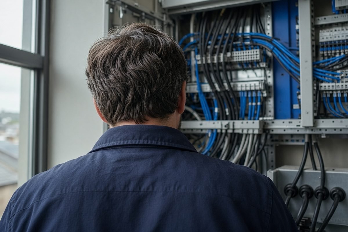 An electrician, seen from behind, working beside a commercial switch room in daylight