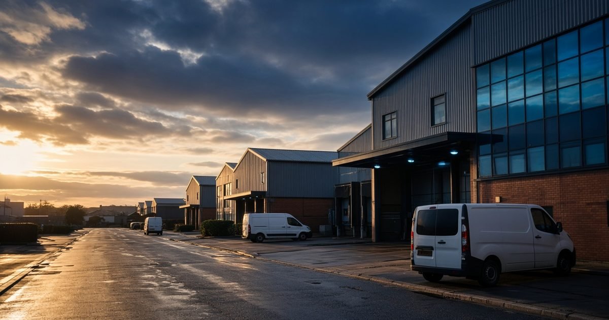 A wide view of a light industrial estate with plain unbranded service vans in warm light