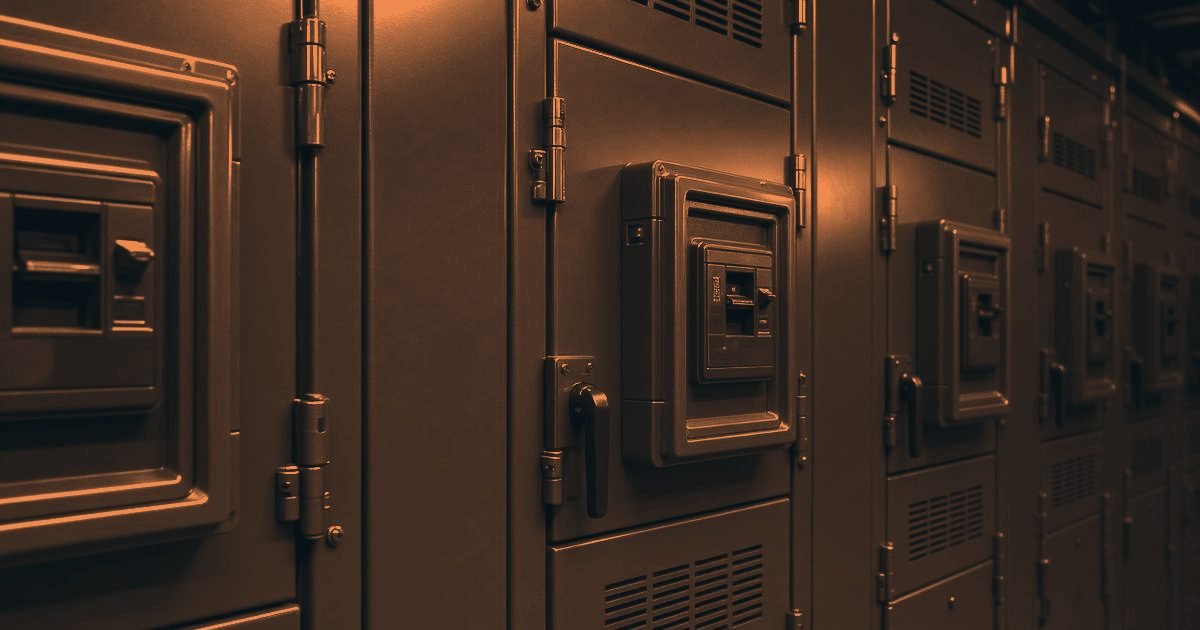 A commercial switch room with steel switchgear panels in a charcoal and orange duotone