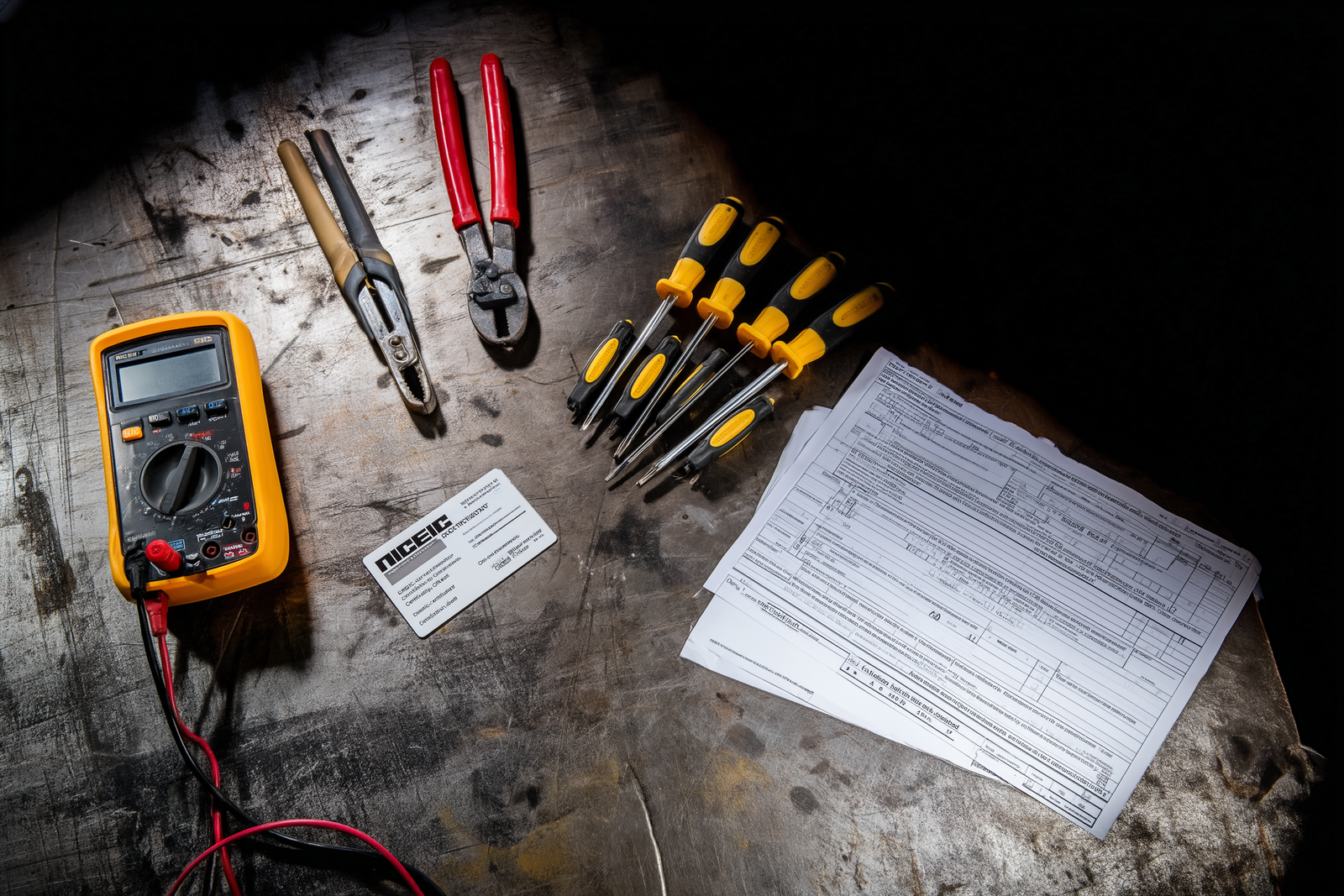 Electrical testing and inspection equipment on a steel workbench